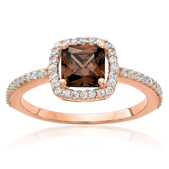 925 Sterling Silver Rose Pink Gold Plated Cocoa Cushion-Cut White Cubic Zirconia CZ Halo Round Statement Ring