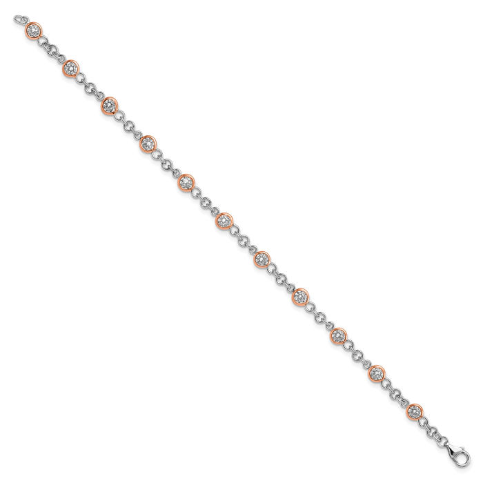 925 Sterling Silver Rose Pink Gold Plated Cubic Zirconia CZ 11 Station Chain Bracelet