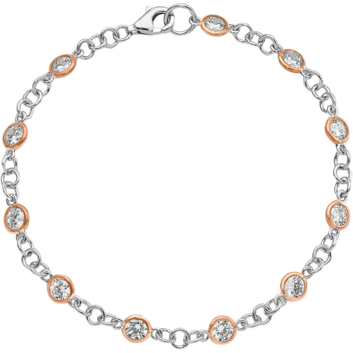 925 Sterling Silver Rose Pink Gold Plated Cubic Zirconia CZ 11 Station Chain Bracelet