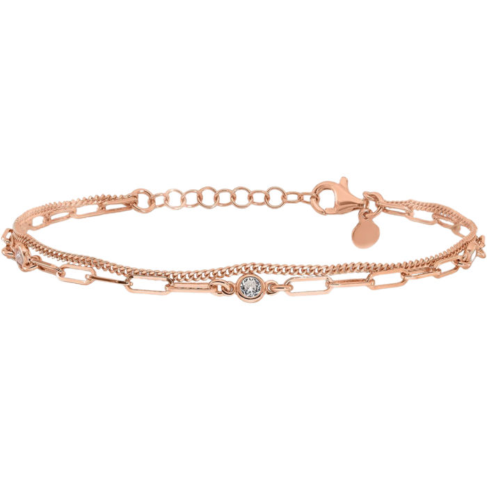 925 Sterling Silver Rose Pink Gold Plated Cubic Zirconia CZ 2 Strand Chain Bracelet