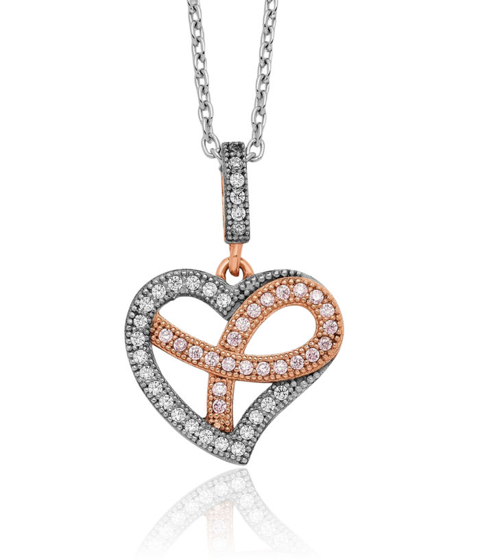 925 Sterling Silver Rose Pink Gold Plated Cubic Zirconia CZ Heart Chain Cancer Breast Awareness Ribbon Necklace