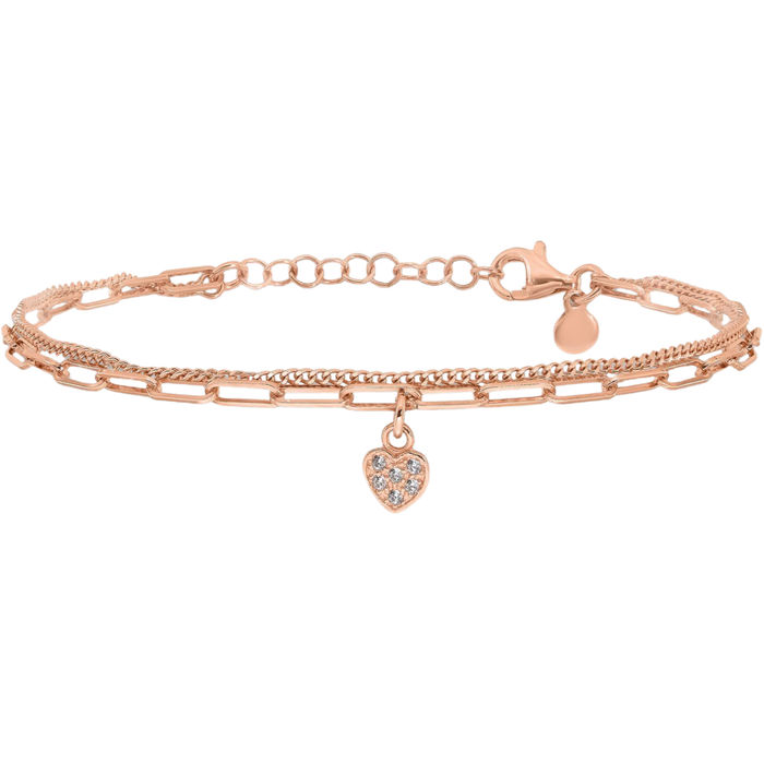925 Sterling Silver Rose Pink Gold Plated Cubic Zirconia CZ Heart Chain Charm Bracelet
