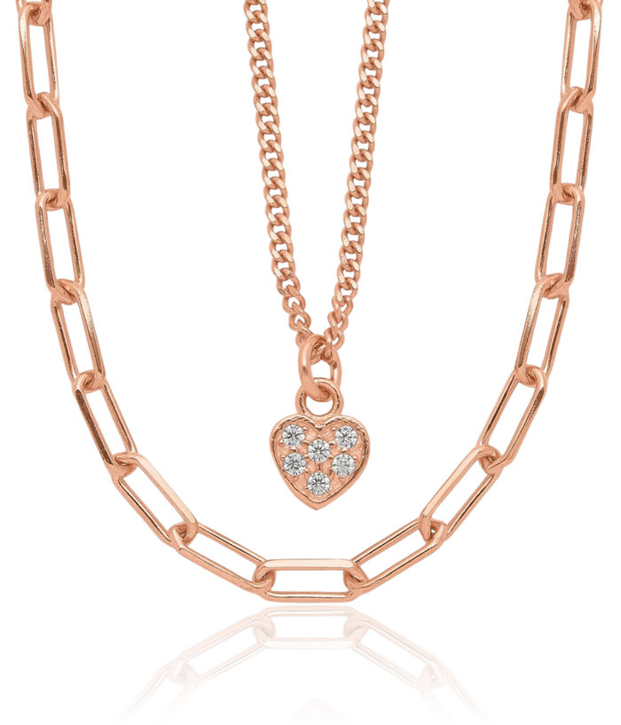 925 Sterling Silver Rose Pink Gold Plated Cubic Zirconia CZ Heart Layering Necklace Chain