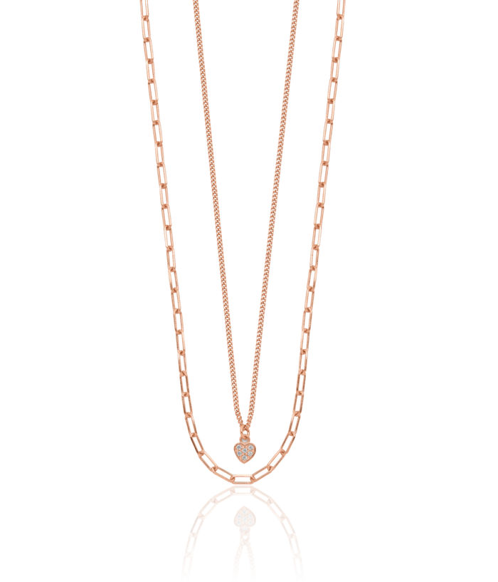 925 Sterling Silver Rose Pink Gold Plated Cubic Zirconia CZ Heart Layering Necklace Chain