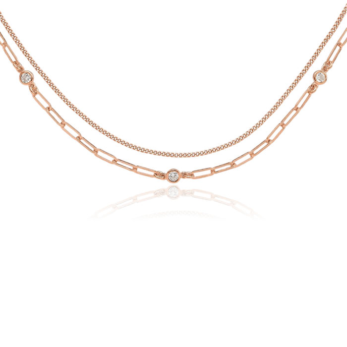 925 Sterling Silver Rose Pink Gold Plated Cubic Zirconia CZ Strand Layering Necklace Chain