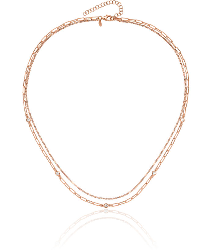 925 Sterling Silver Rose Pink Gold Plated Cubic Zirconia CZ Strand Layering Necklace Chain