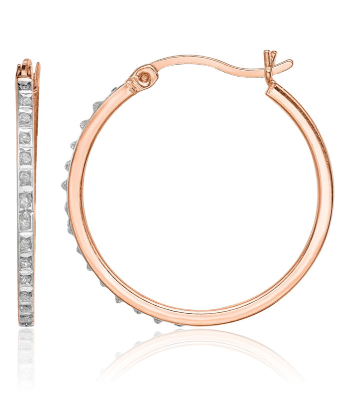 925 Sterling Silver Rose Pink Gold Plated Diamond Round Medium Hoop Earrings