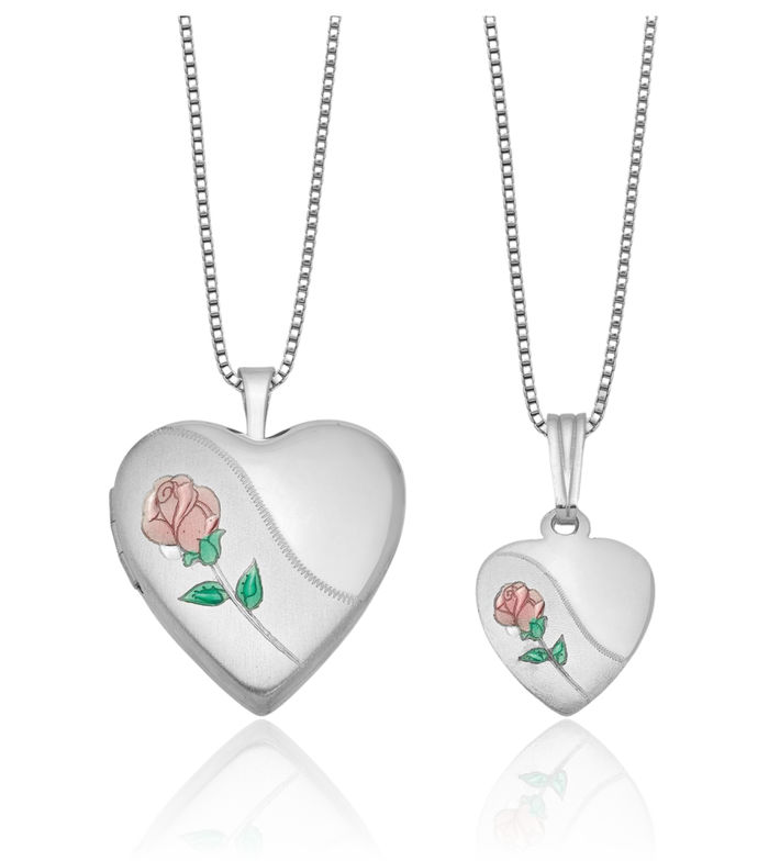 925 Sterling Silver Rose Heart Mother Daughter Personalized Photo Locket Pendant Necklace Picture Charm Set