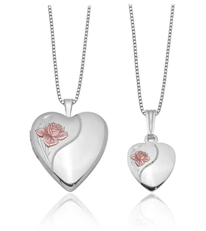 925 Sterling Silver Rose Heart Personalized Photo Locket Necklace Picture Pendant Charm Set