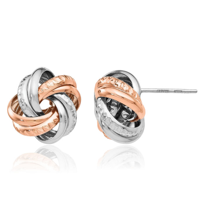 925 Sterling Silver Rose Twisted Love Knot Symbol Stud Earrings