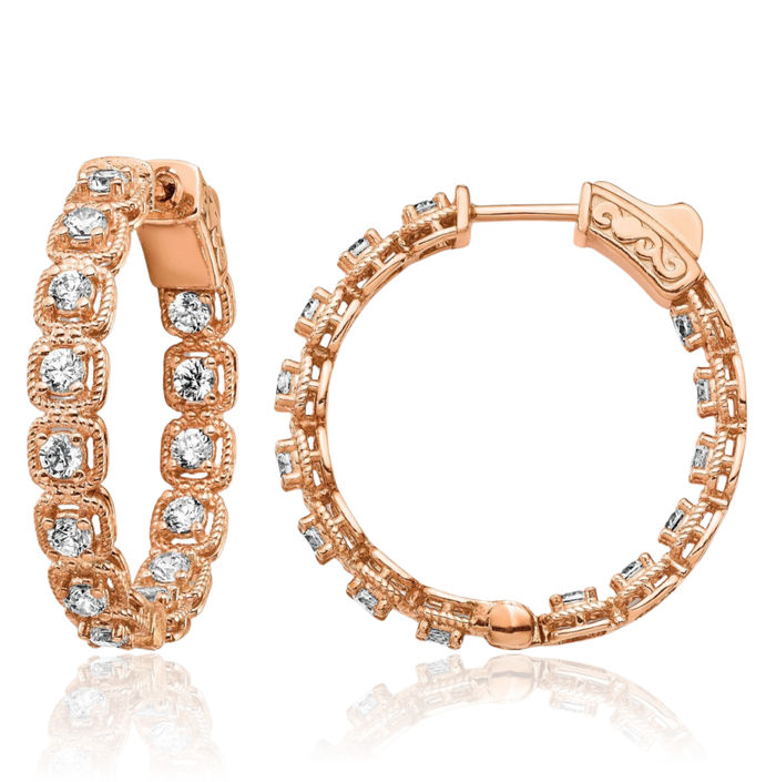 925 Sterling Silver Rose Pink Tone Gold Plated 2.5mm Cubic Zirconia CZ Round Medium Hoop Earrings