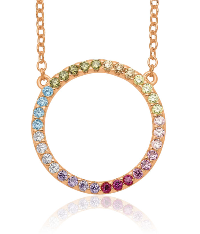 925 Sterling Silver Rose Pink Tone Gold Plated Multi-color Cubic Zirconia CZ Circle Round Geometric Chain Necklace