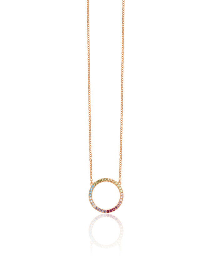 925 Sterling Silver Rose Pink Tone Gold Plated Multi-color Cubic Zirconia CZ Circle Round Geometric Chain Necklace