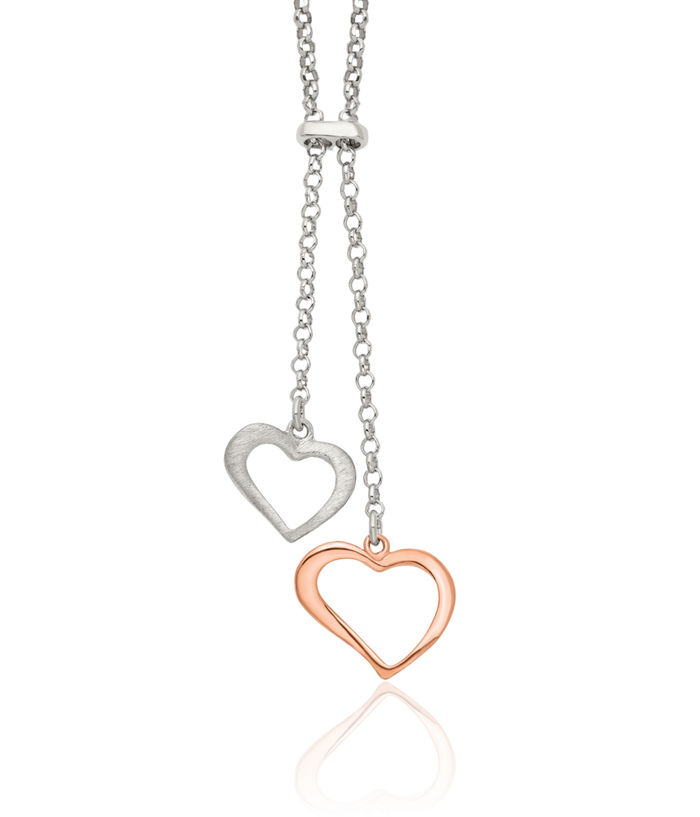 925 Sterling Silver Rose Tone 2 Heart Chain Necklace