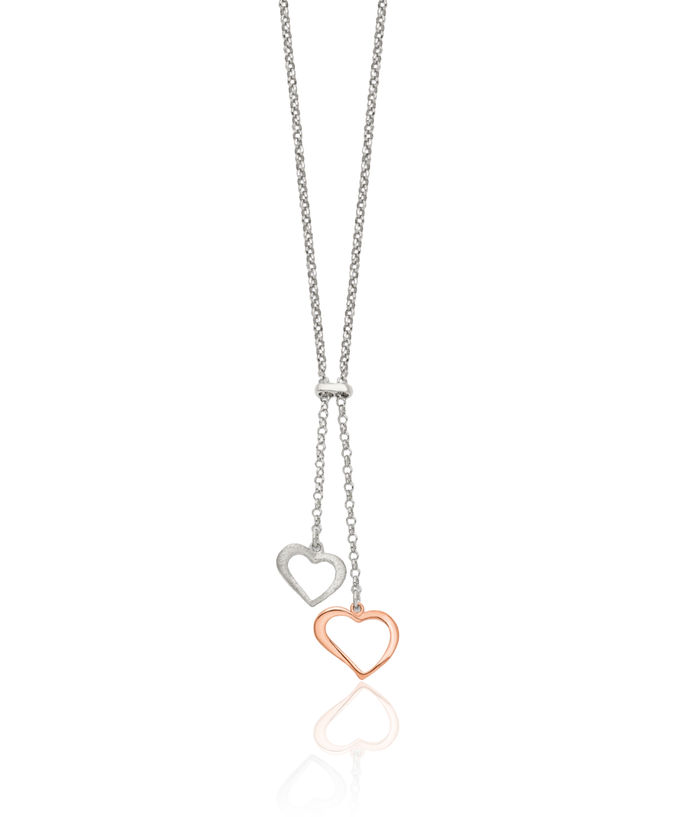 925 Sterling Silver Rose Tone 2 Heart Chain Necklace