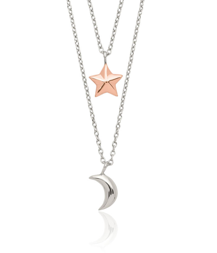 925 Sterling Silver Rose Tone 2 Strand Crescent Moon Star Layering Necklace Chain Celestial Jewelry