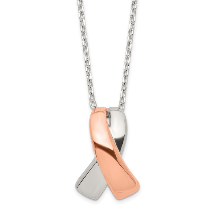 925 Sterling Silver Rose Tone Cancer Awareness Ribbon Necklace Chain