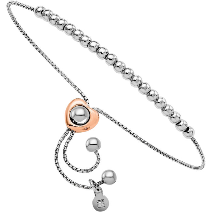 925 Sterling Silver Rose Tone Beaded Ball Heart Bolo Wrap Bracelet