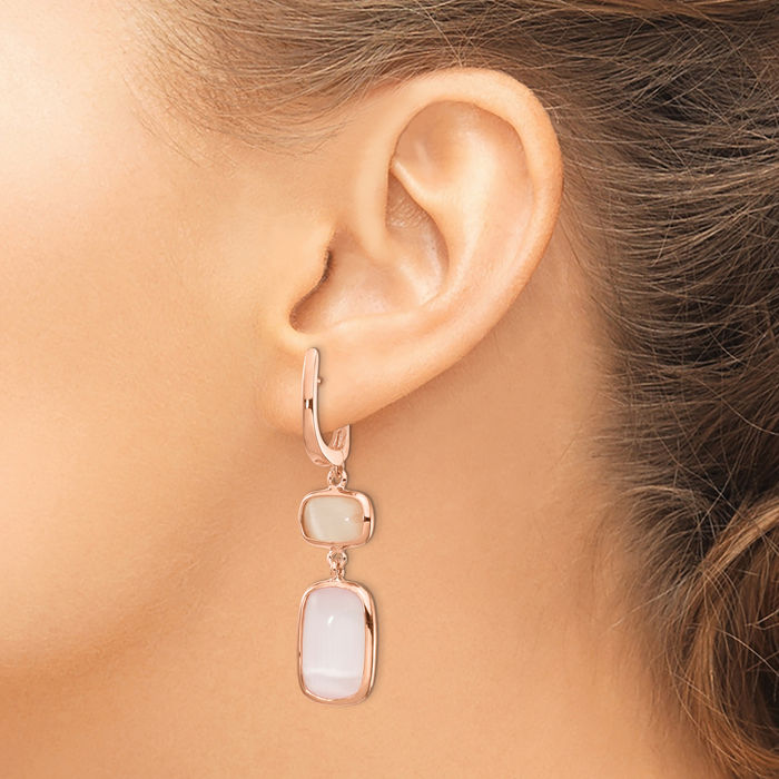 925 Sterling Silver Rose Tone Lab Pink Cats Eye Drop Dangle Earrings
