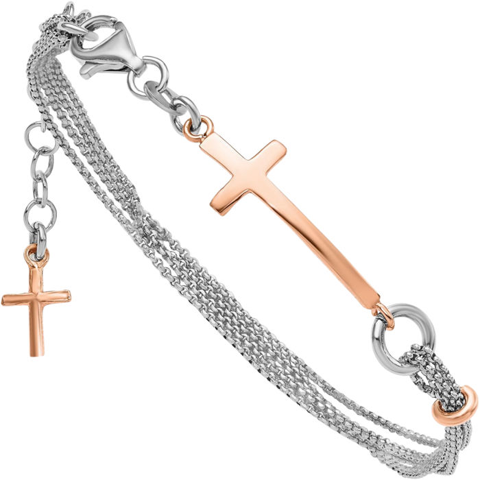 925 Sterling Silver Rose Tone Holy Cross Chain Charm Bracelet