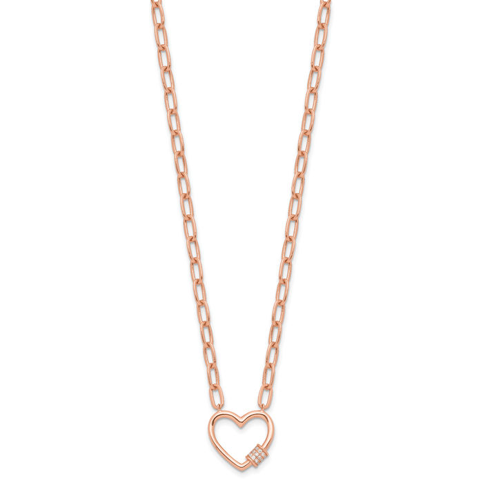 925 Sterling Silver Rose Tone Cubic Zirconia CZ Heart Paperclip Cable Rolo Link Chain Belcher Necklace