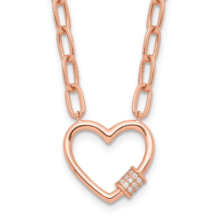 925 Sterling Silver Rose Tone Cubic Zirconia CZ Heart Paperclip Cable Rolo Link Chain Belcher Necklace