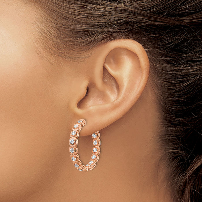 925 Sterling Silver Rose Pink Tone Gold Plated 2.5mm Cubic Zirconia CZ Round Medium Hoop Earrings