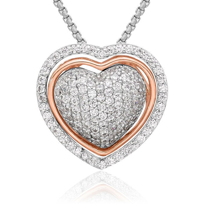 925 Sterling Silver Rose Tone Cubic Zirconia CZ 3-piece Heart Necklace Love Pendant Charm