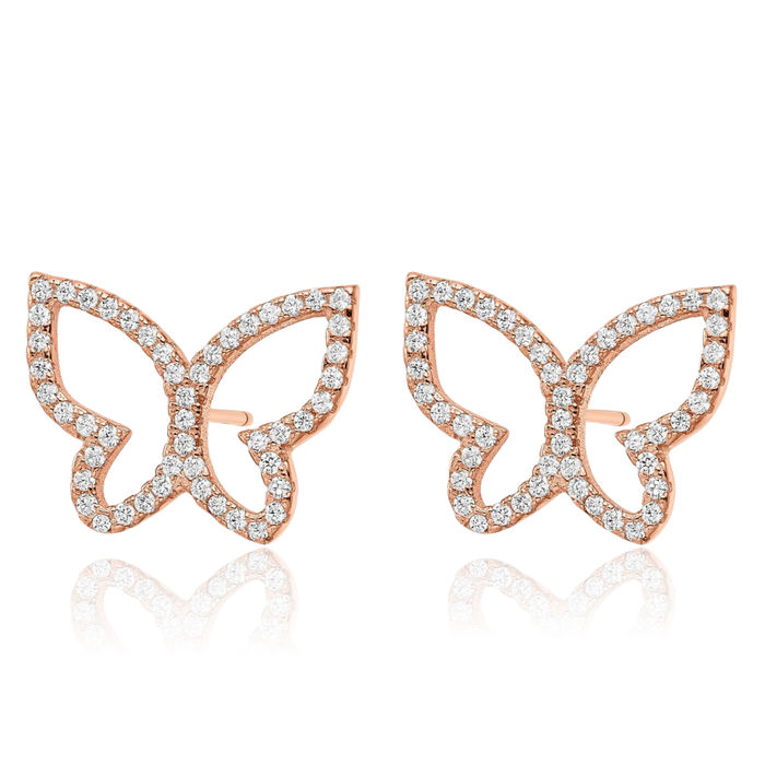 925 Sterling Silver Rose Tone Cubic Zirconia CZ Butterfly Wings Stud Earrings