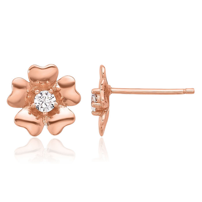 925 Sterling Silver Rose Tone Cubic Zirconia CZ Flower Stud Earrings