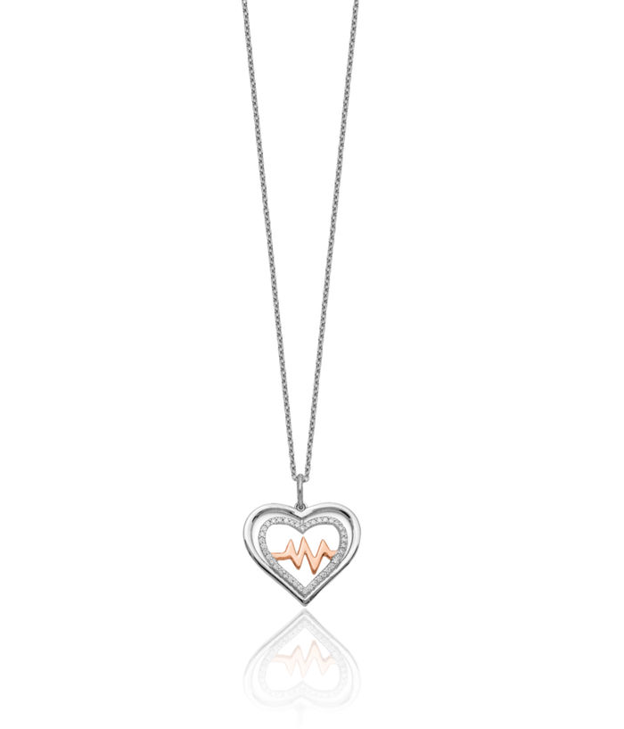 925 Sterling Silver Rose Tone Cubic Zirconia CZ Heart Beat Necklace Chain