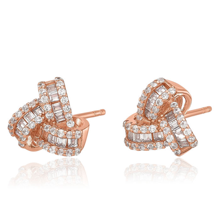 925 Sterling Silver Rose Tone Cubic Zirconia CZ Twisted Love Knot Symbol Stud Earrings