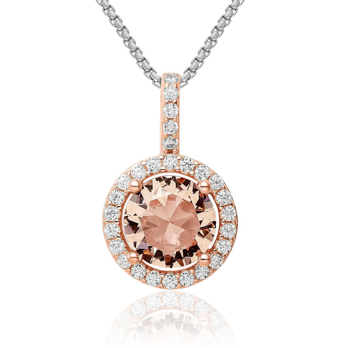 925 Sterling Silver Rose Tone Cubic Zirconia CZ Round Halo Necklace Chain Pendant Charm