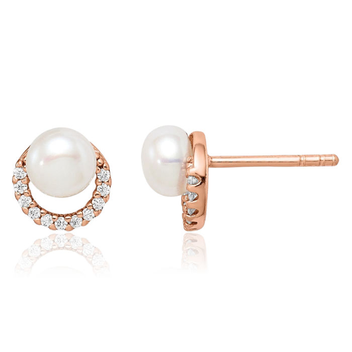 925 Sterling Silver Rose Tone Freshwater Cultured Pearl Cubic Zirconia CZ Stud Earrings