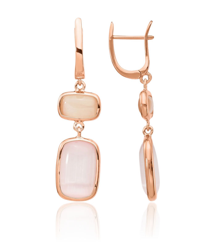 925 Sterling Silver Rose Tone Lab Pink Cats Eye Drop Dangle Earrings