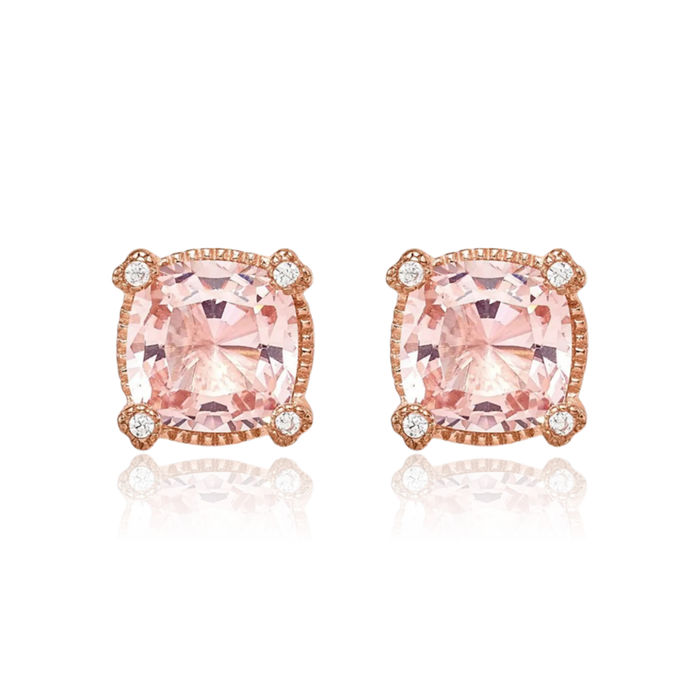 925 Sterling Silver Rose Tone Pink Rhinestone Crystals Cubic Zirconia CZ Stud Earrings