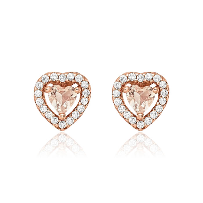 925 Sterling Silver Rose Tone Pink White Cubic Zirconia CZ Heart Stud Earrings