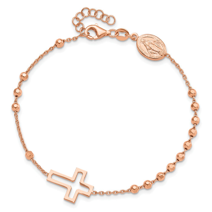 925 Sterling Silver Rose Tone Rosary Bead Holy Cross Chain Charm Bracelet