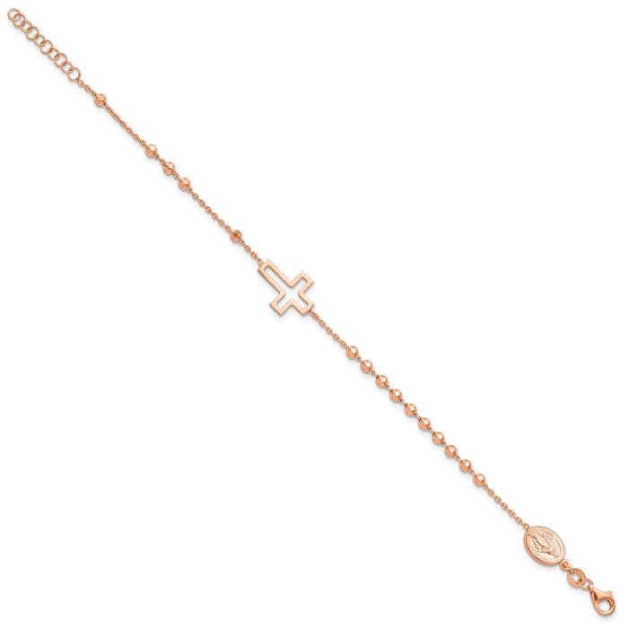 925 Sterling Silver Rose Tone Rosary Bead Holy Cross Chain Charm Bracelet