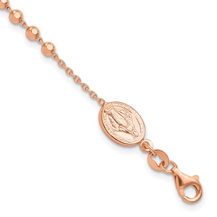 925 Sterling Silver Rose Tone Rosary Bead Holy Cross Chain Charm Bracelet