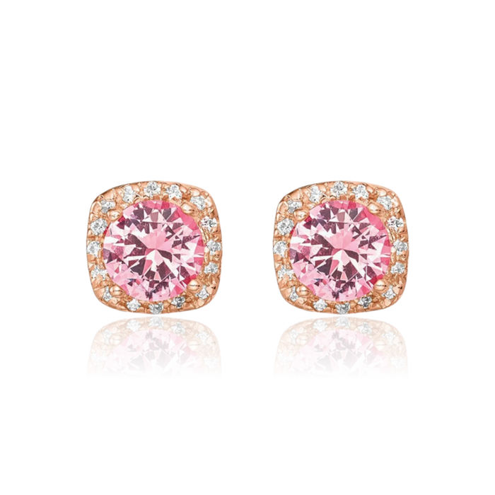 925 Sterling Silver Rose Tone Square Pink Rhinestone Crystals Cubic Zirconia CZ Stud Earrings