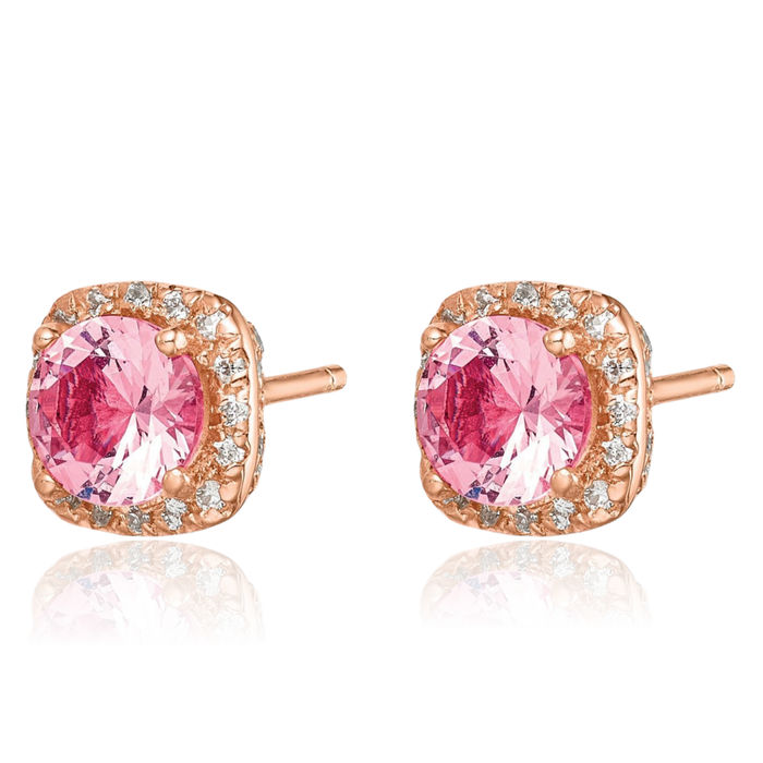 925 Sterling Silver Rose Tone Square Pink Rhinestone Crystals Cubic Zirconia CZ Stud Earrings