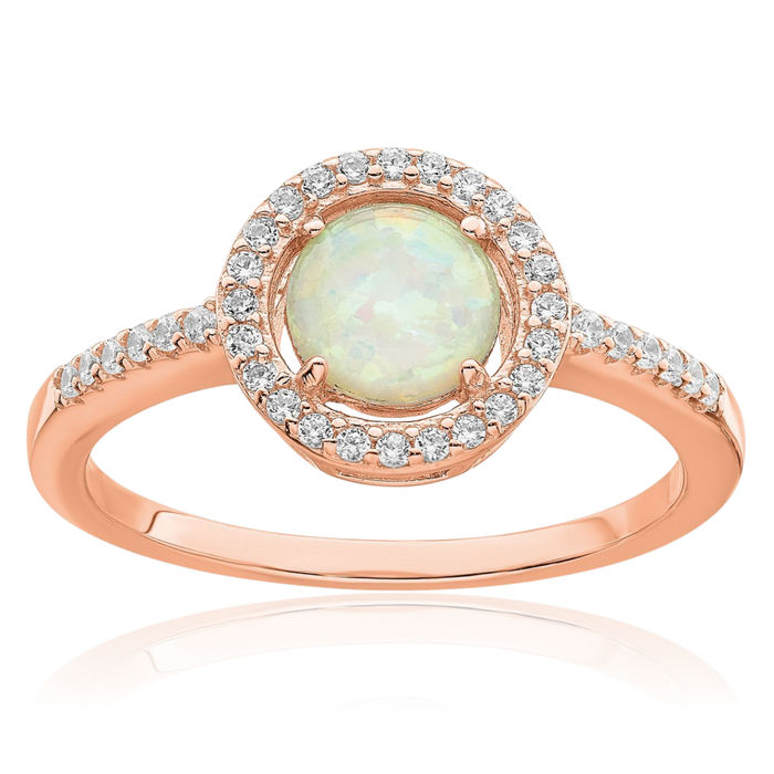 925 Sterling Silver Rose Tone White Lab Opal Cubic Zirconia CZ Halo Round Ring October Birthstone Jewelry