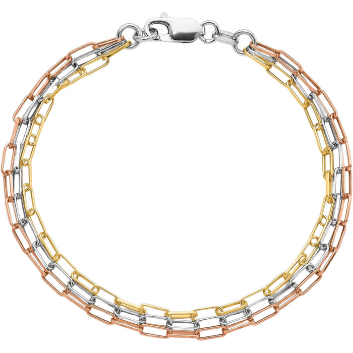 925 Sterling Silver Rose Yellow Tone Paperclip Link 3 Strand Chain Bracelet
