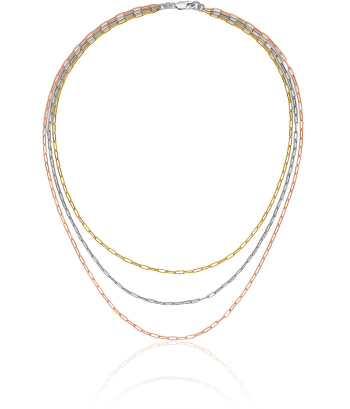 925 Sterling Silver Rose Yellow Tone Paperclip Link 3 Strand Chain Layering Necklace