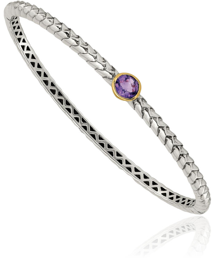 925 Sterling Silver Vintage Round Purple Amethyst Gemstone Bangle Bracelet