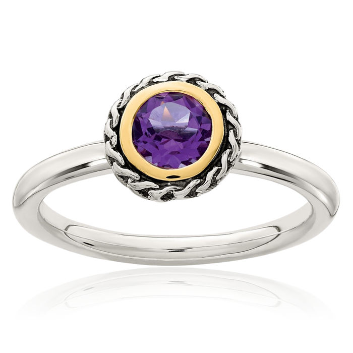 925 Sterling Silver Vintage Round Purple Amethyst Ring Gemstone Band