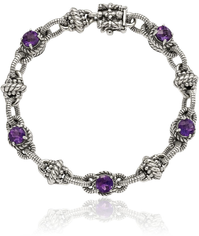 925 Sterling Silver Vintage Round Purple Amethyst Chain Gemstone Tennis Bracelet