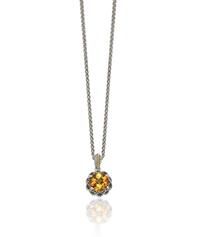 925 Sterling Silver Vintage Round Yellow Orange Citrine Chain Necklace Gemstone Pendant Charm