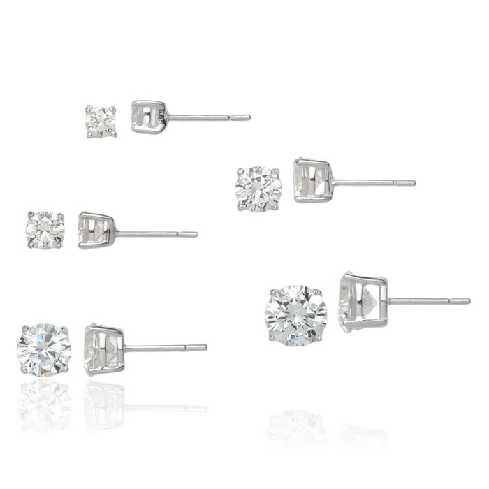 925 Sterling Silver Round Cubic Zirconia CZ 5 Pair Stud Earrings Set